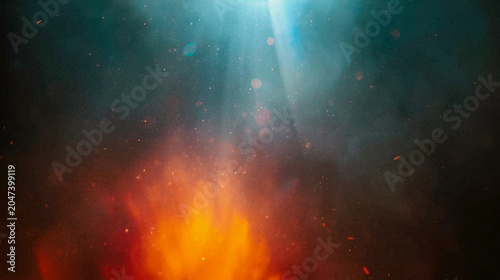 Abstract dark background with glowing orange fire embers and soft blue light rays, cinematic smoke texture, magical atmosphere, high quality wallpaper, perfect for creative digital design projects.