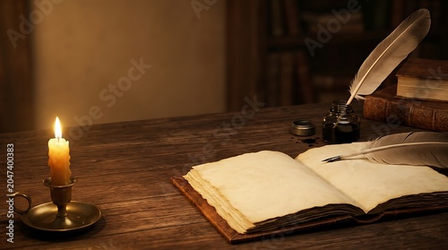 Vintage open book with quill and candle on a wooden desk