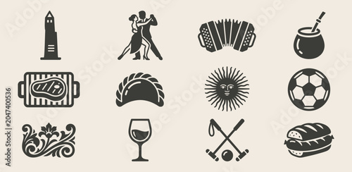 Photos Buenos Aires culture icon set featuring tango dancers and traditional food flat