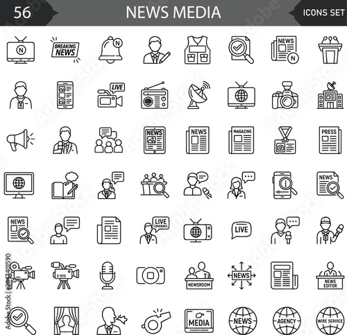 Cuadro en lienzo News media line icon set featuring journalism, broadcasting, and digital press symbols