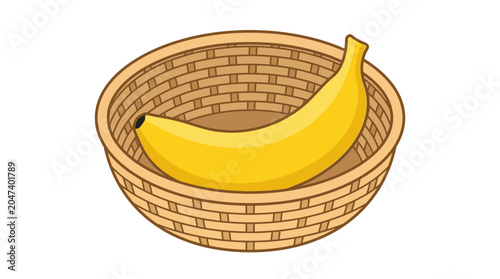Single Yellow Banana Resting in Wicker Basket.