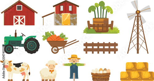 Bild auf Leinwand Farm agriculture elements icons set with barn tractor cow sheep windmill scarecr