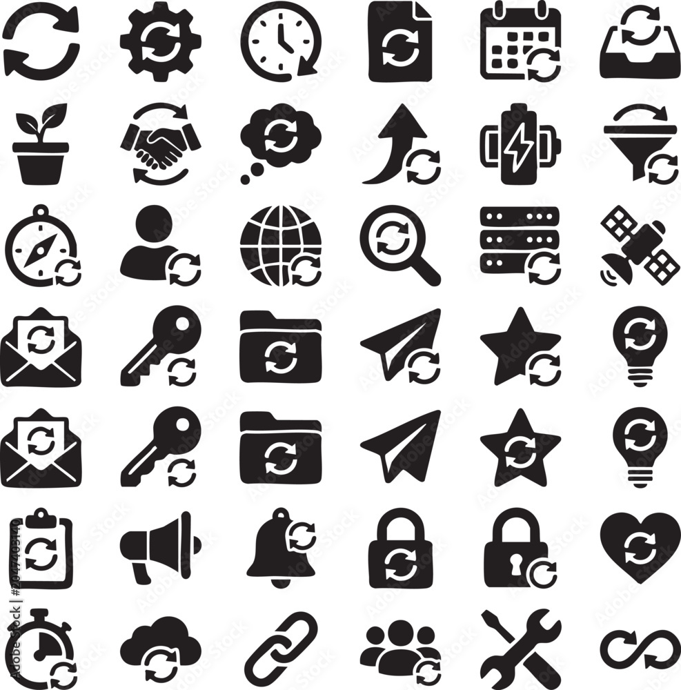 Fototapeta premium Synchronization and update icon set featuring refresh symbols integrated with diverse business and technology elements for software maintenance data processing and system backup management.