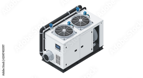 Isometric industrial air conditioner unit, commercial HVAC cooling system vector, rooftop ventilation chiller with fans and pipes for building climate control