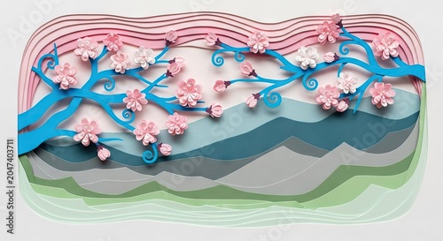 Colorful 3D paper cut mountain landscape with pink blossoms.