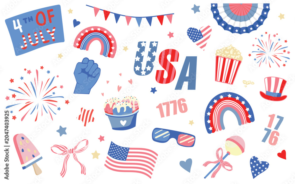 Obraz premium 4th of July patriotic clipart set with american flag, rainbows and fireworks isolated on white