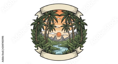 Colorful tropical sunset landscape illustration in circular frame
