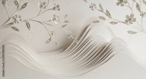 Cream paper cut landscape with metallic silver flowers