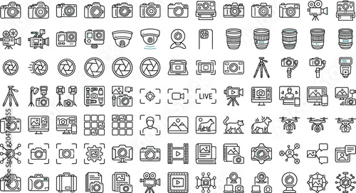 Photos Photography camera equipment icons set with videography multimedia studio lens t