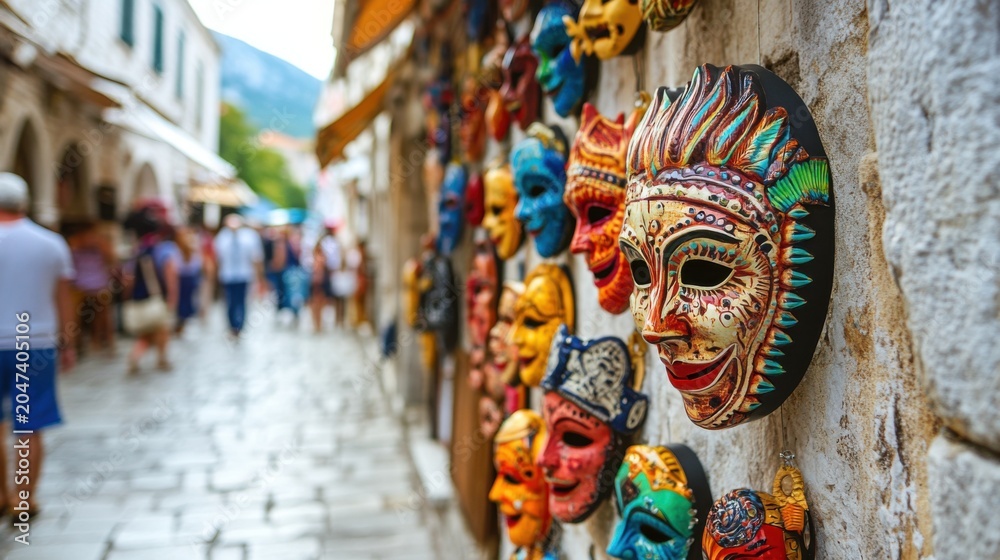 Fototapeta premium colorful masks on a wall in a crowded street