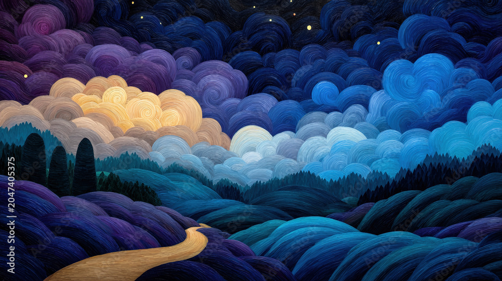 Obraz premium Farmers work alongside towering, bioluminescent GMO crops under a starlit sky, in a mystical, dreamlike landscape, with a painterly