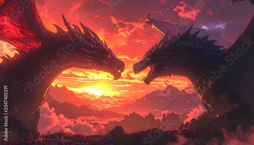Epic Dragon Faceoff with Intense Fantasy Battle Scene at Dusk on Dramatic Crimson Sunset Background