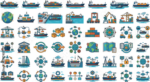 Fotografie Global shipping maritime logistics vector icon set with container ship cargo por