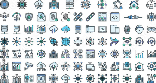 Technology digital network vector icon set with cloud computing database server artificial intelligence robotics blockchain coding and analytics