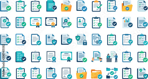 Compliance document verification vector icon set with checkmark checklist certificate shield folder approval clipboard policy agreement audit