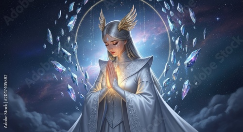 Ethereal celestial goddess with wings and glowing magic crystals.