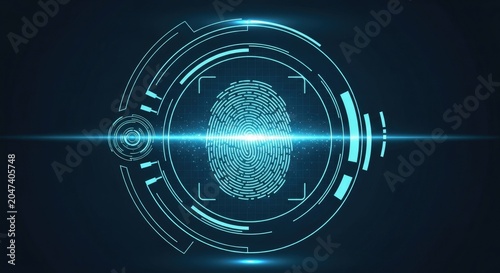Futuristic circular HUD interface with biometric fingerprint scan.