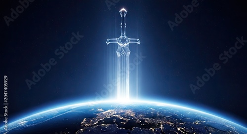 Glowing crystal sword plunged into planet earth from outer space.