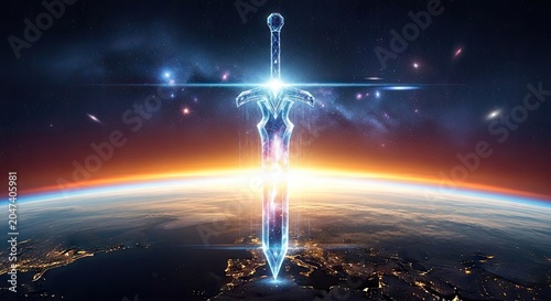Glowing fantasy sword overlooking planet earth from space