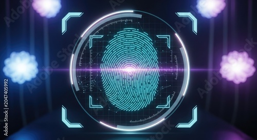 Glowing fingerprint biometric scanner with futuristic circle interface.