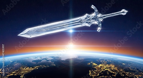 Futuristic glowing sword floating above Earth space background.