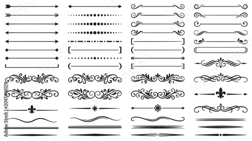 Sophisticated vector dividers and ornate calligraphic flourishes for elegant page layout, creating refined visual separation and decorative accents in various graphic designs