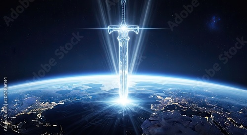 Glowing vertical sword over planet Earth in space.