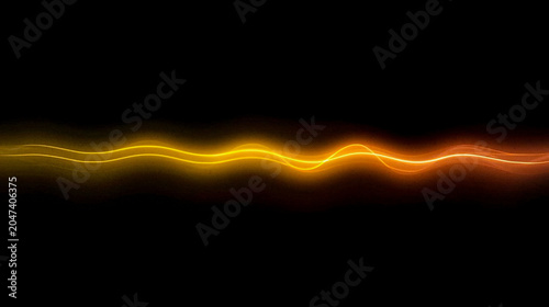 Abstract golden glowing wave line on black background featuring vibrant yellow and orange light trails perfect for modern digital technology wallpaper commercial backdrop and copy space