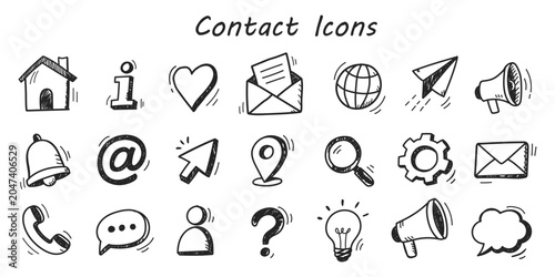 Contact and communication doodle icons. Hand drawn home, mail envelope and globe, paper plane and map pin, cursor and gear, light bulb and user, search magnifier menu signs. Vector sketch icon set