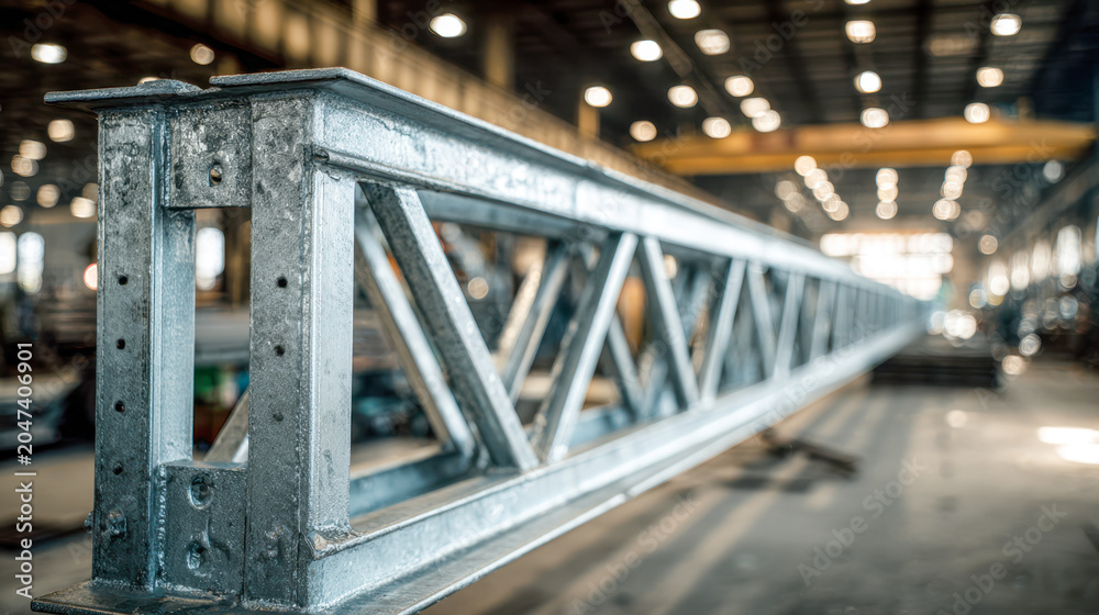 Naklejka premium Industrial metal truss beam structure in a spacious warehouse with blurred background highlighting heavy construction materials and equipment indoors