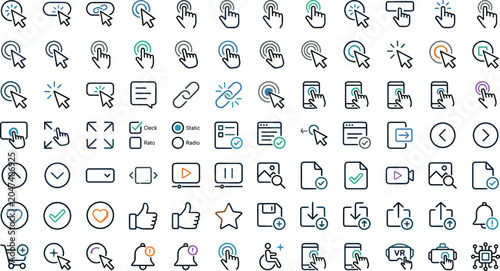 Website user interface cursor click vector icon set with hand pointer mouse navigation buttons media and communication