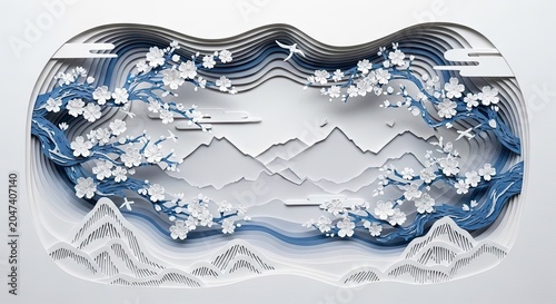 Traditional 3D paper cut landscape with cherry blossoms.