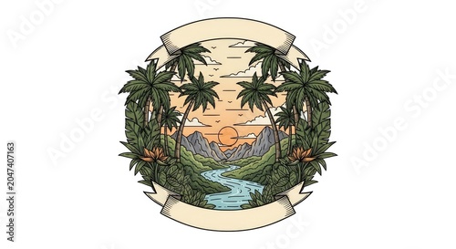 Tropical island landscape illustration in a decorative circular frame.