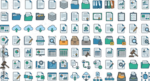 Document management file folder vector icon set with business data analytics report contract cloud storage and server