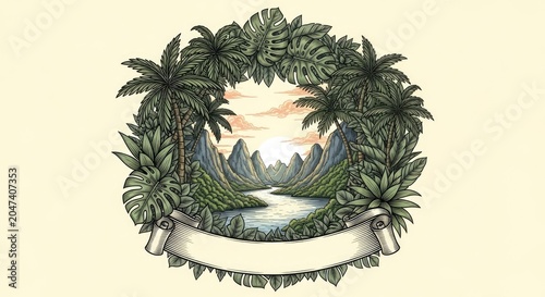 Tropical jungle landscape frame with blank banner for text.