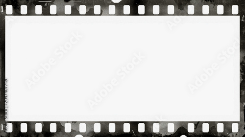 Vintage 35mm film strip frame with distressed grunge texture and authentic dark borders for cinematic photography projects, providing a wide central copy space for creative professional media design.
