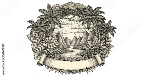 Vintage tropical landscape engraving with palm trees and banner.