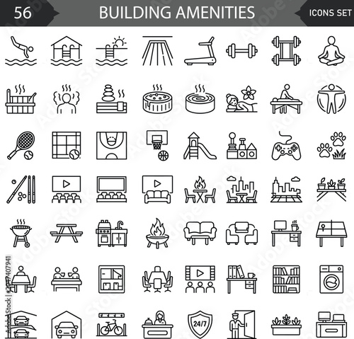 Εκτύπωση καμβά Building amenities line icon set featuring real estate apartment gym, hotel serv