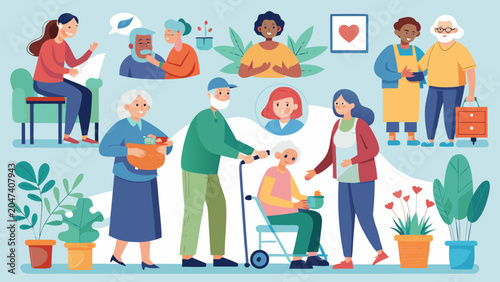 Elderly people, senior citizens, community, care, support, vector illustrations