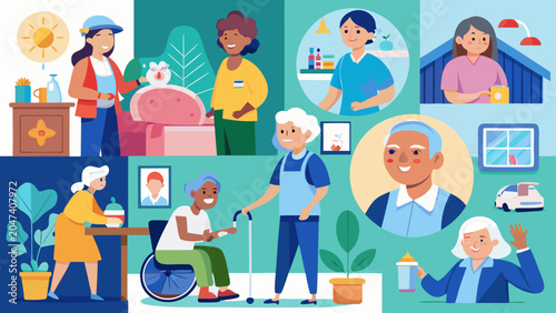 Elderly care, senior living, healthcare vector illustrations, caregiver support, nursing home