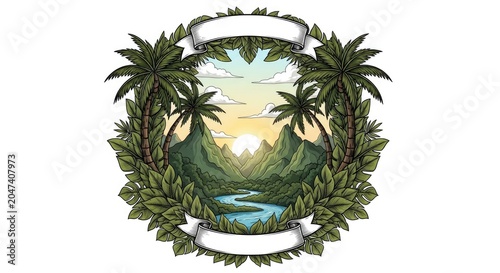 Vintage tropical valley illustration with palm trees and river.