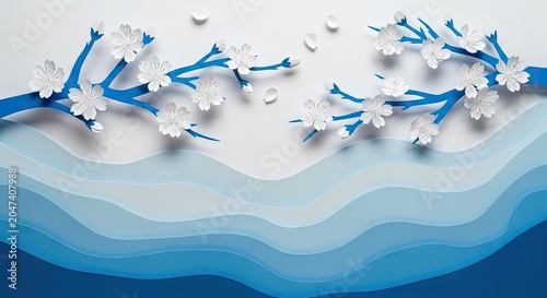 White blossoms on blue paper cut wavy landscape.