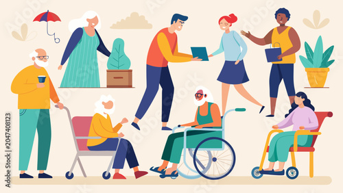 Diverse people, elderly care, accessibility icons, vector illustrations