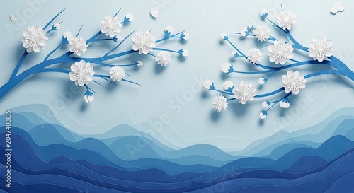 Wide blue paper cut mountain scene with cherry blossoms