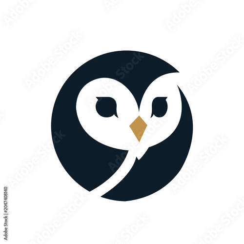 Negative space owl head in circle vector logo design template