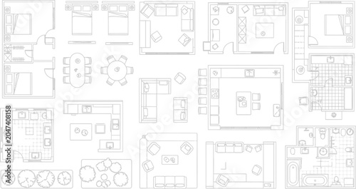 Architectural floor plan symbols set with furniture layouts for interior design planning and residential construction projects vector illustration.