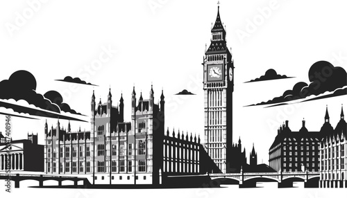 Very beautiful black-and-white vector illustration featuring London with Big Ben and the Palace of Westminster surrounded by engraved clouds, historic architecture, and dramatic monochrome city scener