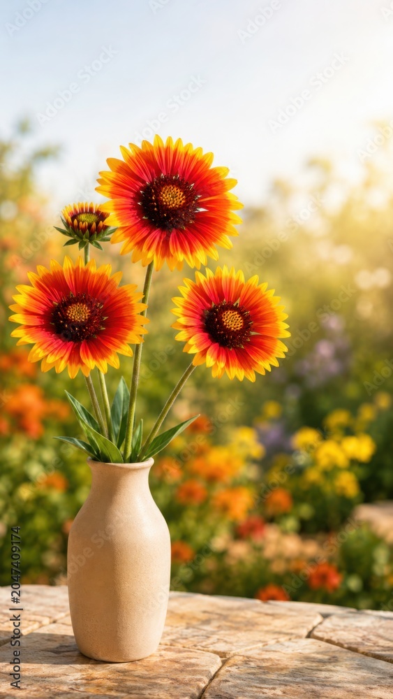 Fototapeta premium Blanket Flowers in Vase With Summer Garden Copy Space