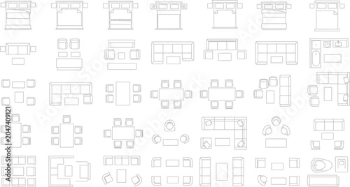 Furniture floor plan symbols top view for architectural interior design layout vector illustration set on white background