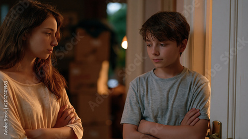 Estranged adult siblings standing on opposite sides of a doorway neither fully open nor closed in a dimly lit hallway of a childhood home boxes stacked behind one figure arms crossed wordless tensio